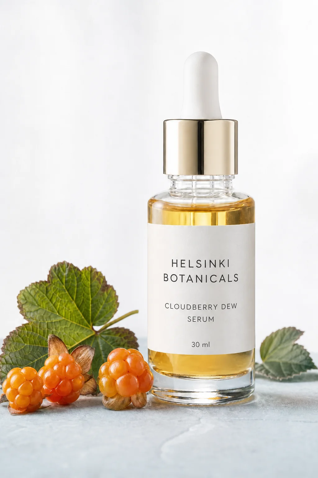 Cloudberry Dew Serum dropper bottle with amber serum and cloudberries on pale stone