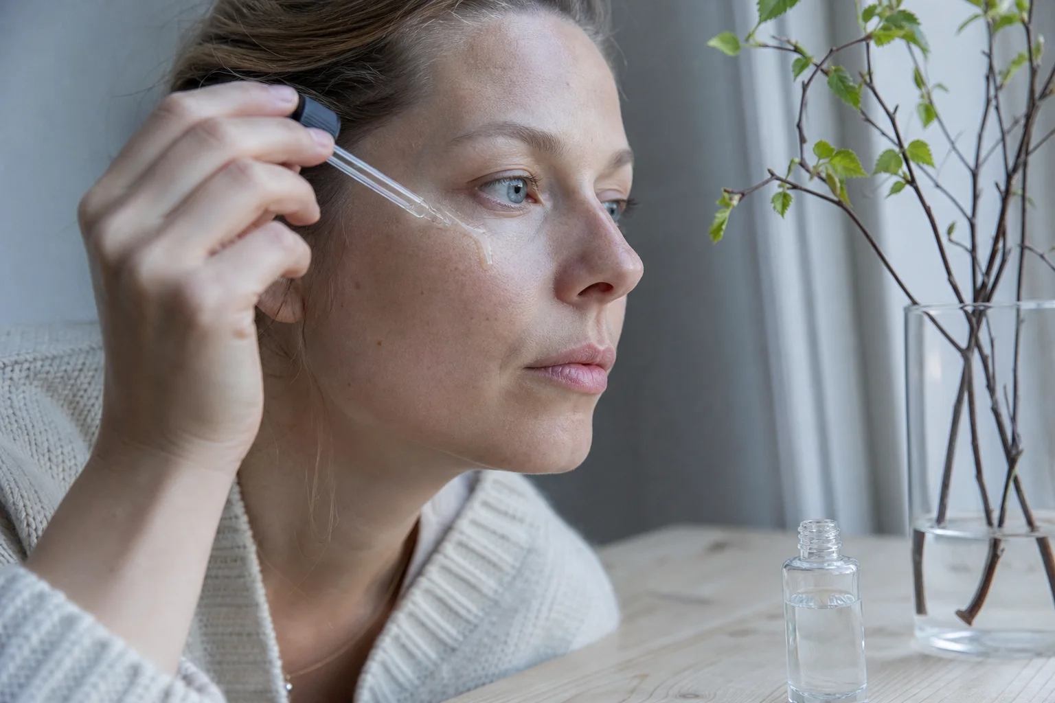 Person applying Helsinki Botanicals serum in soft Finnish daylight